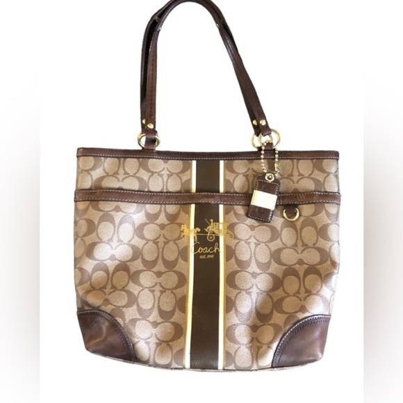 Coach Signature Coated Heritage 12358 Stripe Tote Shopper Shoulder Handbag 12X11 - Picture 1 of 16